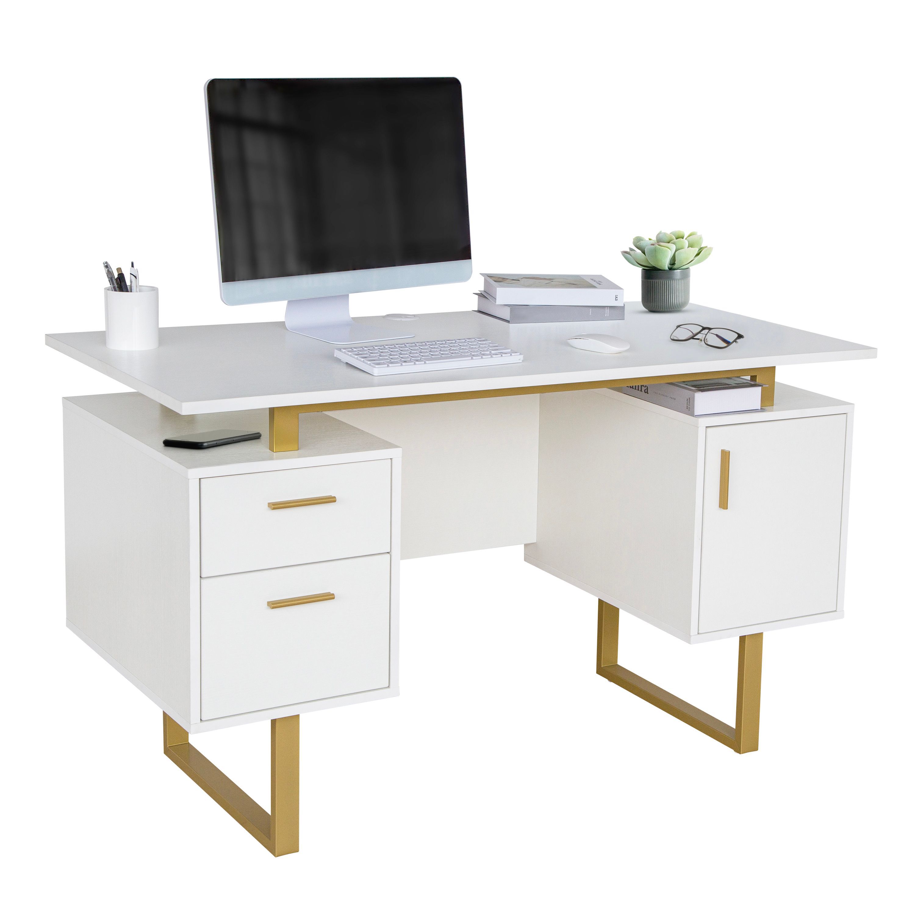 Techni Mobili White and Gold Desk for Office with Drawers & Storage, 51.25” W