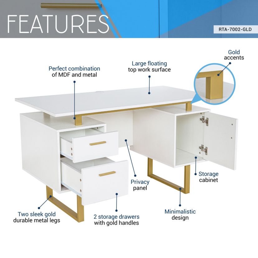 Techni Mobili White and Gold Desk for Office with Drawers & Storage, 51.25” W