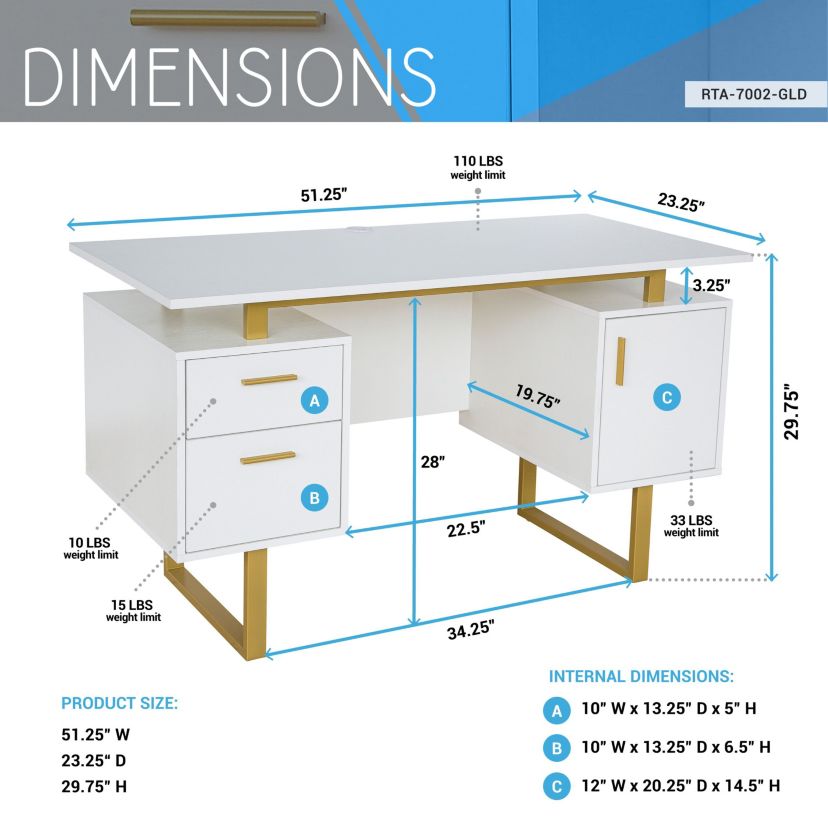 Techni Mobili White and Gold Desk for Office with Drawers & Storage, 51.25” W
