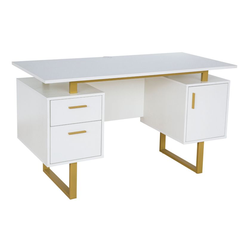 Techni Mobili White and Gold Desk for Office with Drawers & Storage, 51.25” W