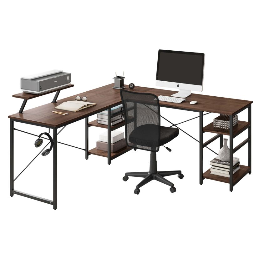 Techni Mobili L-Shape Industrial Desk with storage shelves, walnut