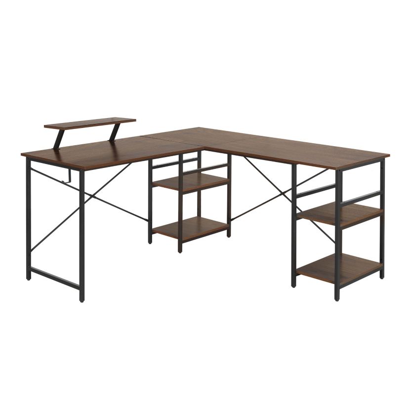 Techni Mobili L-Shape Industrial Desk with storage shelves, walnut