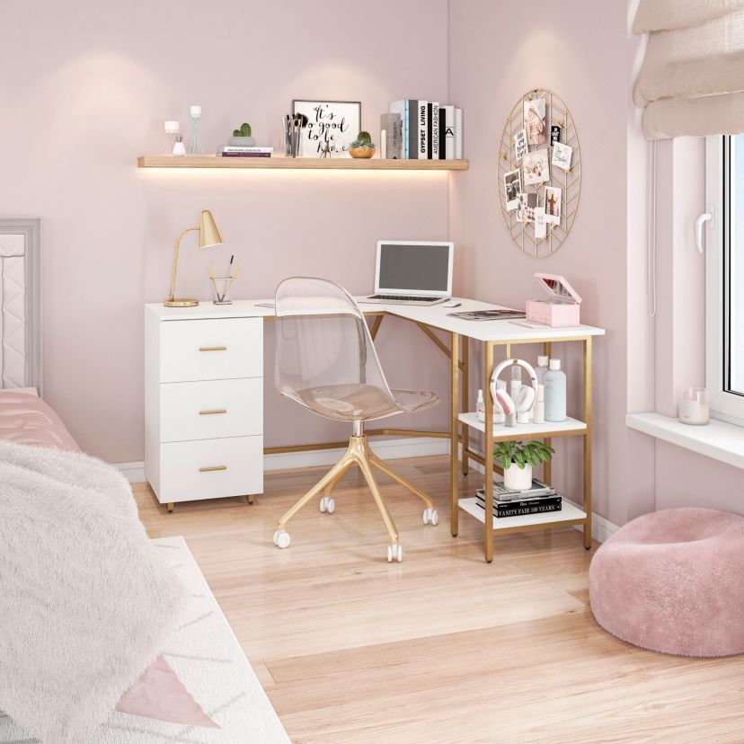 Techni Mobili L-Shape Home Office Two-Tone Desk with Storage, Gold