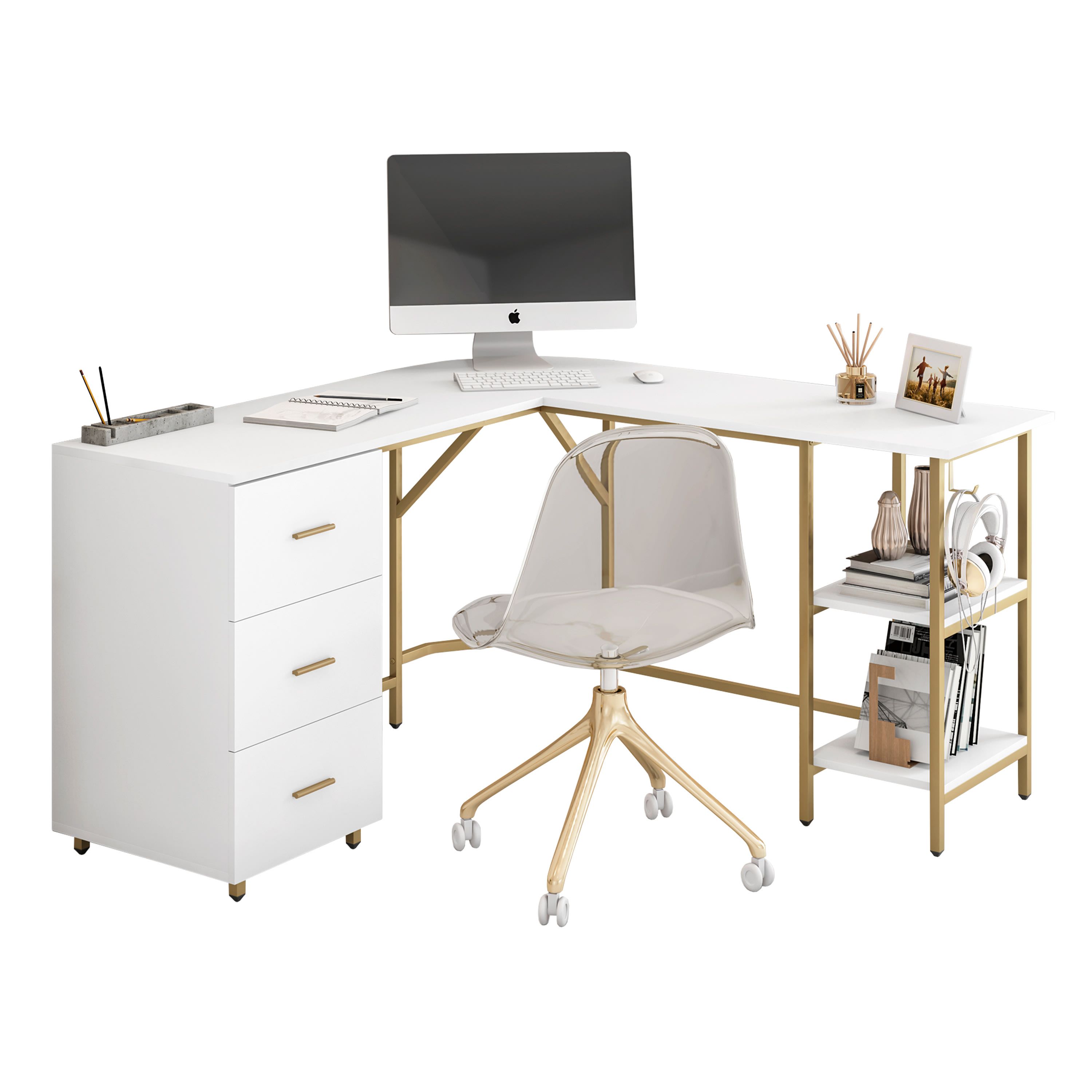 Techni Mobili L-Shape Home Office Two-Tone Desk with Storage, Gold