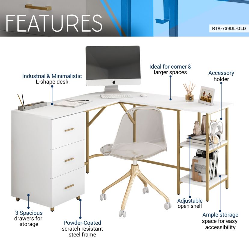 Techni Mobili L-Shape Home Office Two-Tone Desk with Storage, Gold