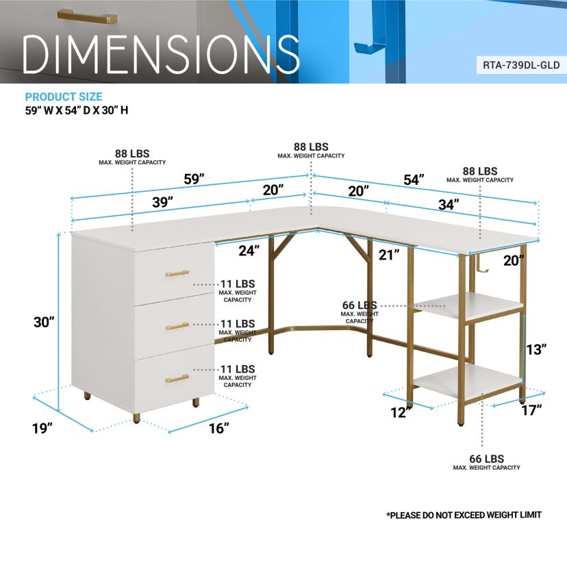 Techni Mobili L-Shape Home Office Two-Tone Desk with Storage, Gold