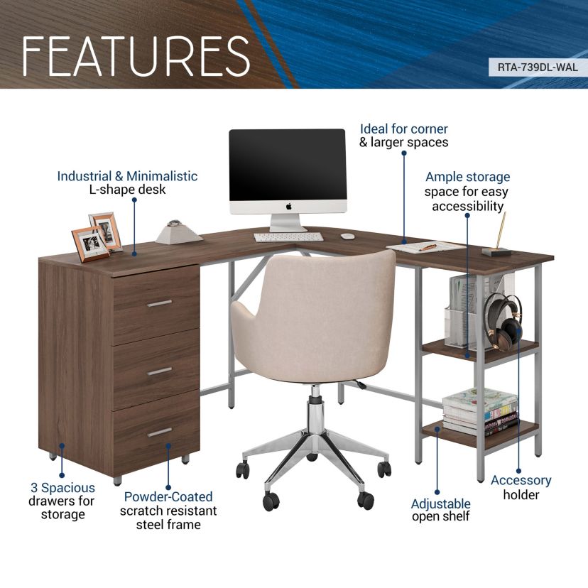 Techni Mobili L-Shape Home Office Two Tone Desk with Storage, Walnut
