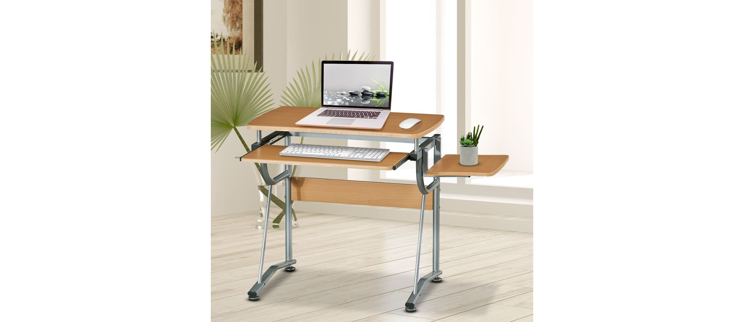 Techni Mobili Compact Computer Desk with Side Shelf and Keyboard Panel, Cherry
