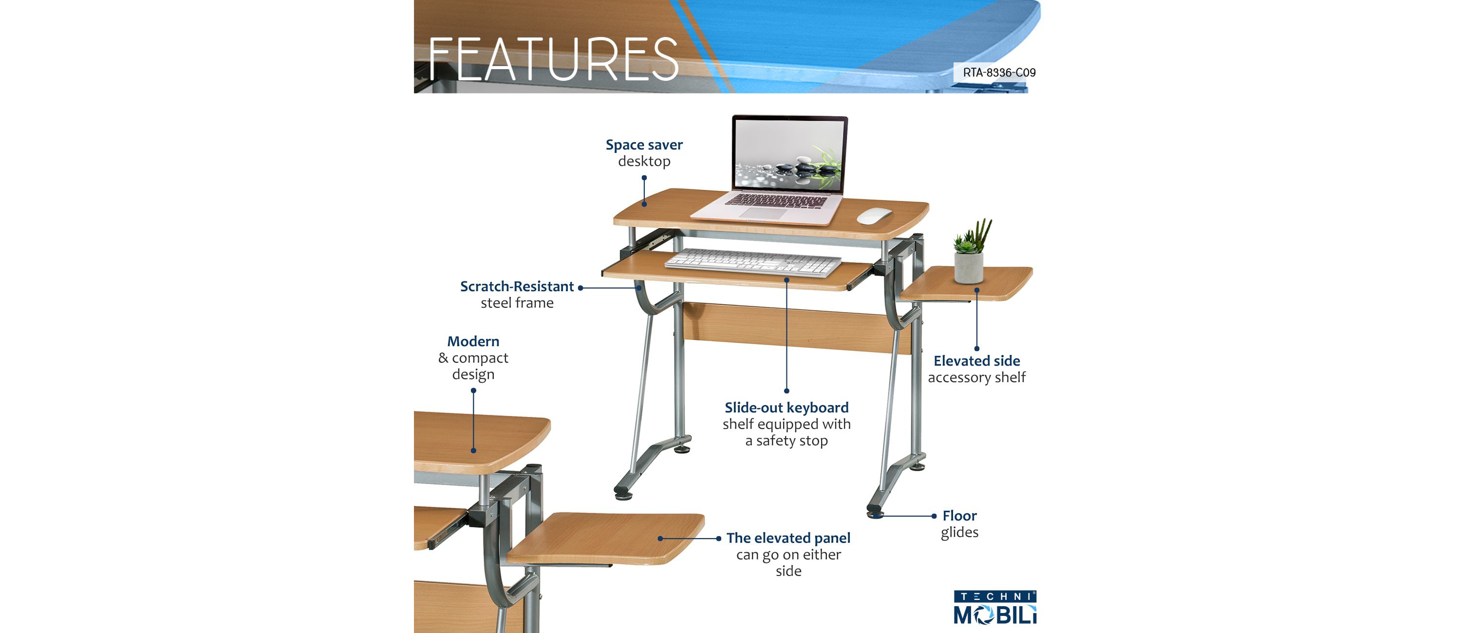 Techni Mobili Compact Computer Desk with Side Shelf and Keyboard Panel, Cherry