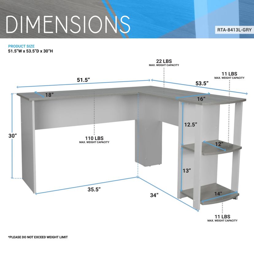 Techni Mobili Modern L-Shaped Desk with Side Shelves, Grey