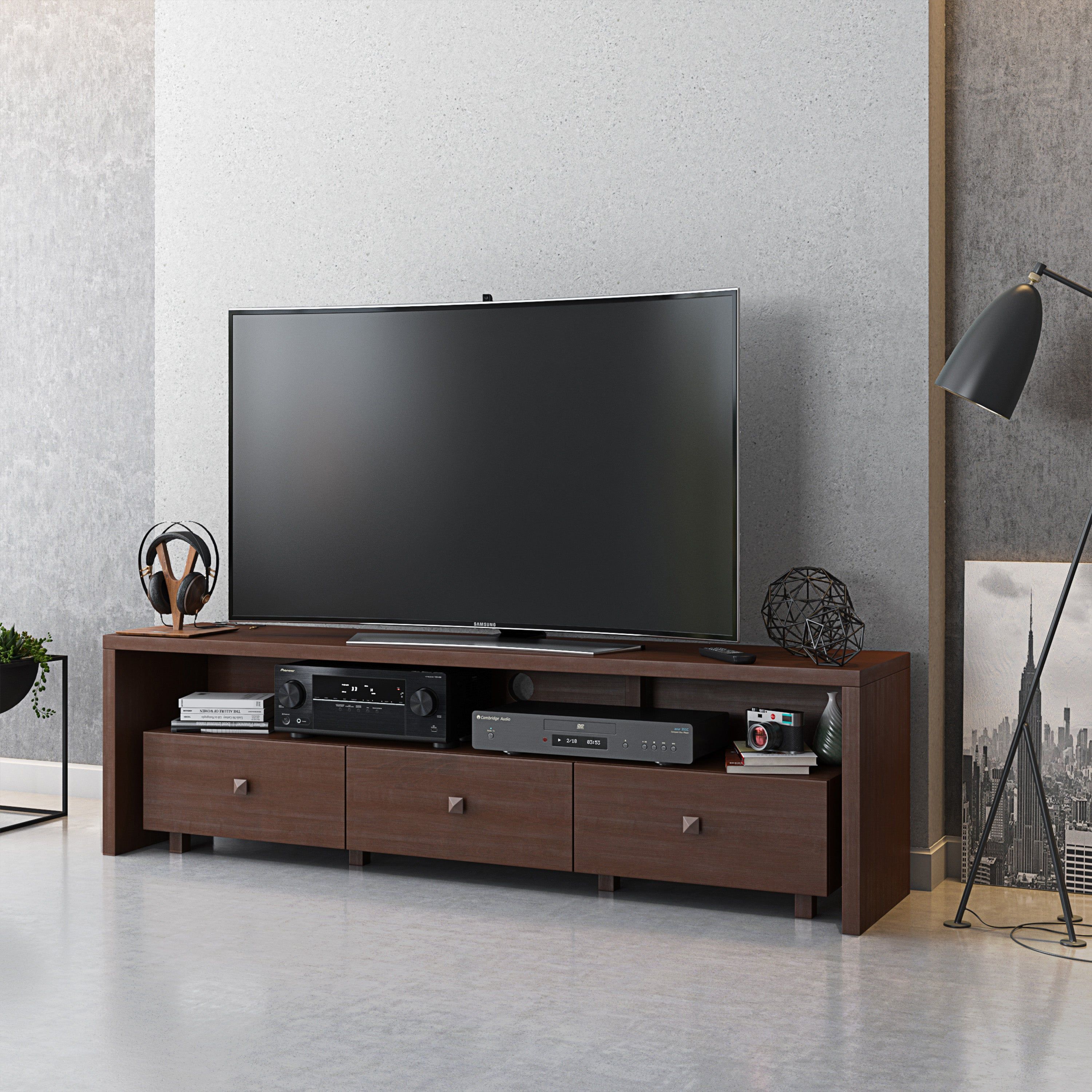 Techni Mobili Elegant TV Stand for TVs Up To 75" with Storage, Hickory