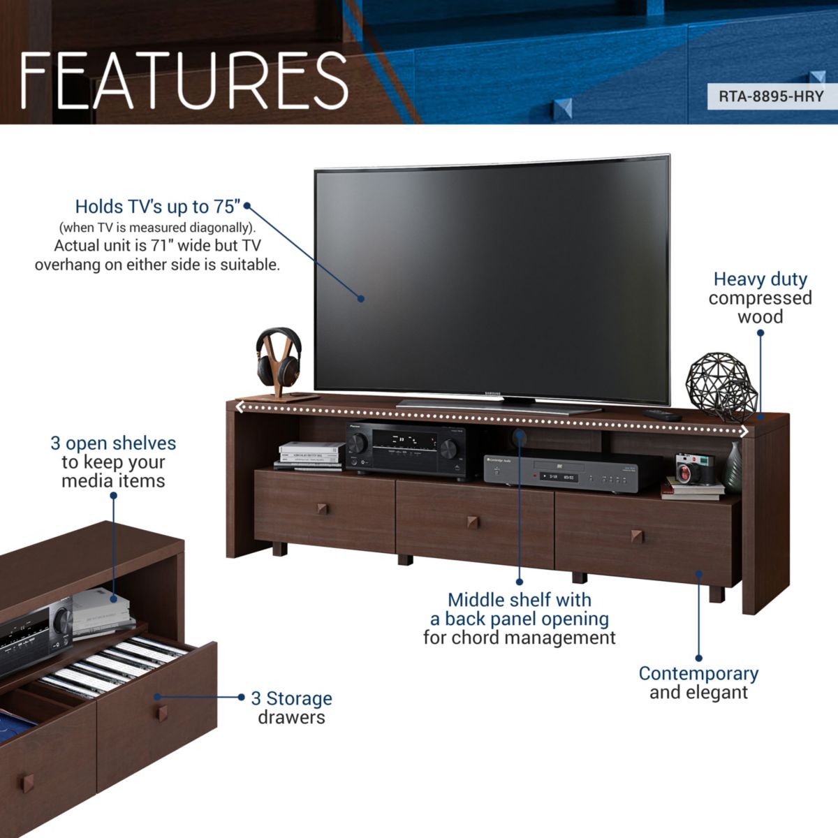 Techni Mobili Elegant TV Stand for TVs Up To 75" with Storage, Hickory
