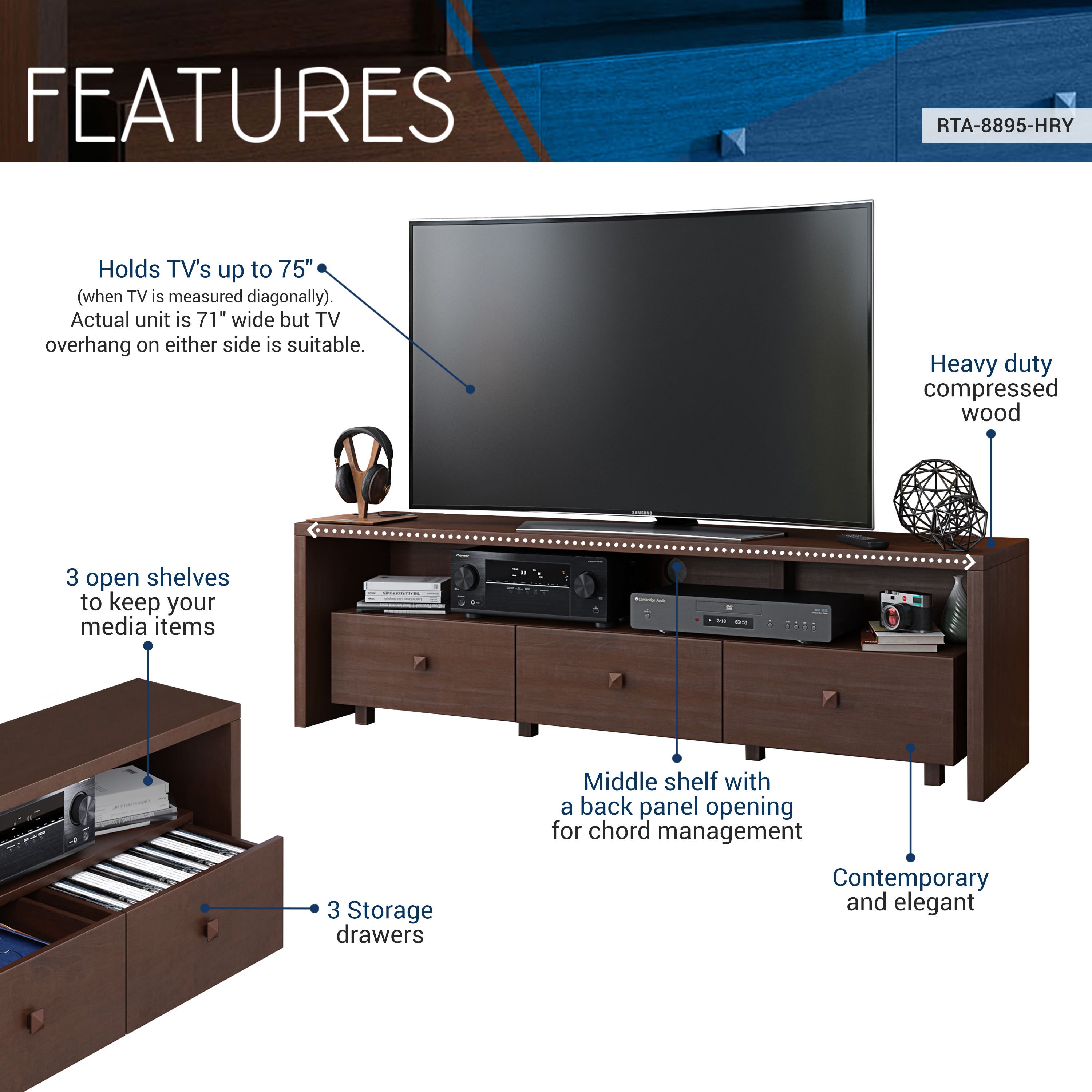 Techni Mobili Elegant TV Stand for TVs Up To 75" with Storage, Hickory