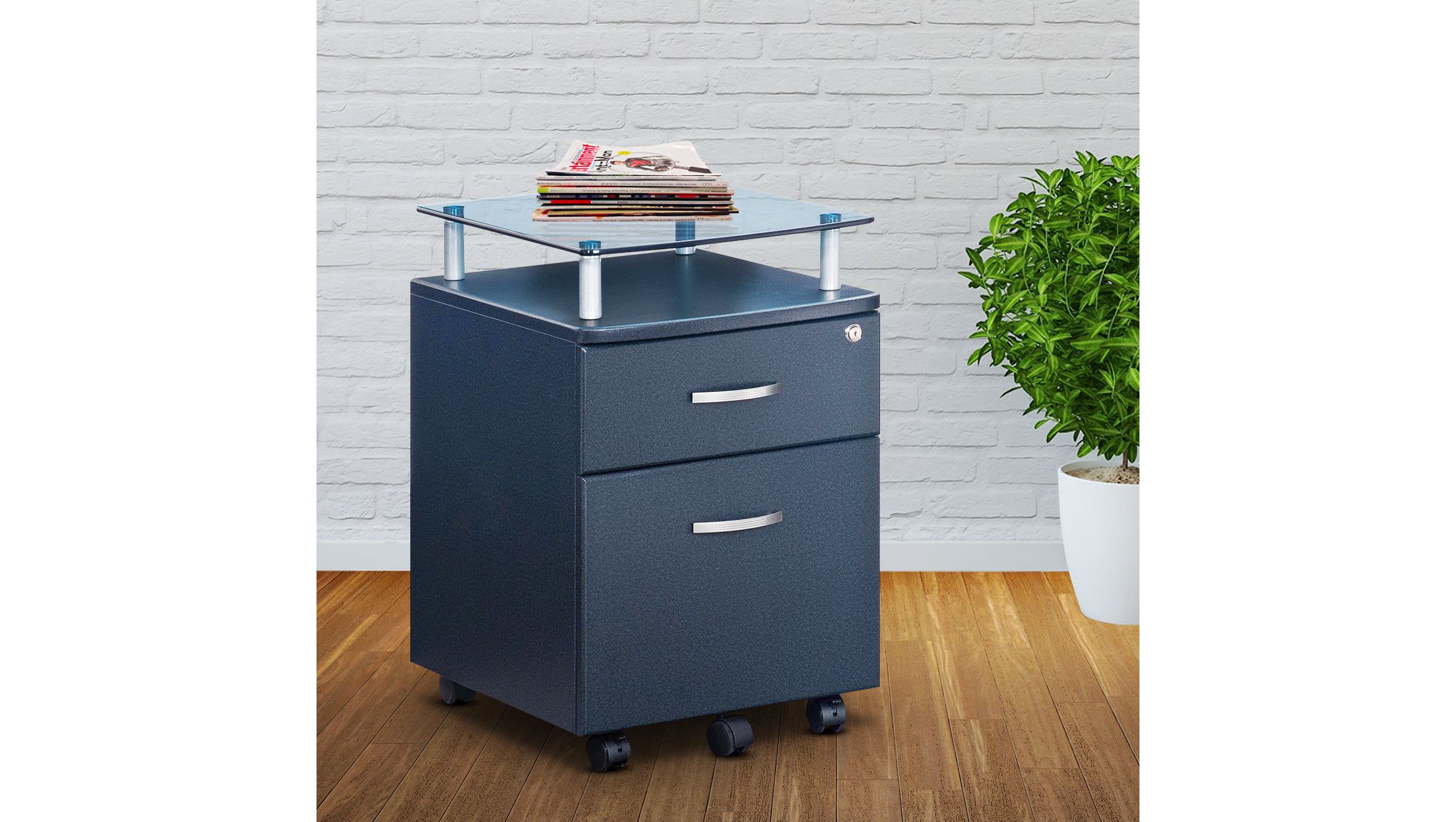 Techni Mobili Rolling File Cabinet with Glass Top, Graphite
