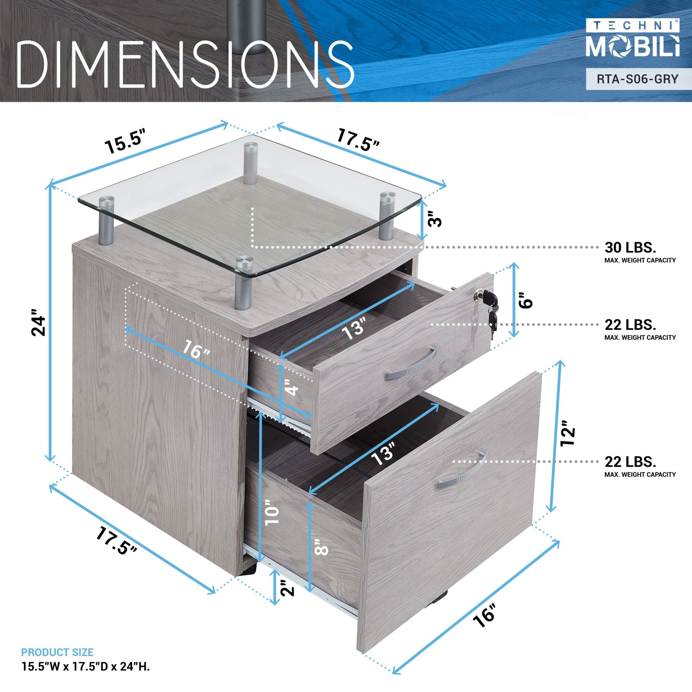 Techni Mobili Rolling File Cabinet with Glass Top, Graphite