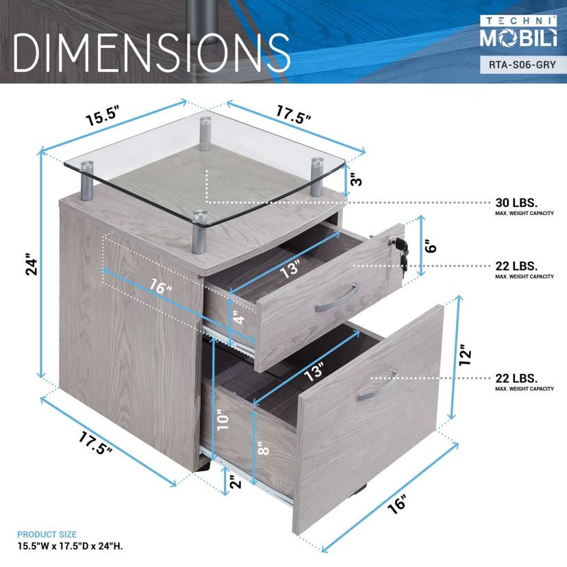 Techni Mobili Rolling File Cabinet with Glass Top, Graphite