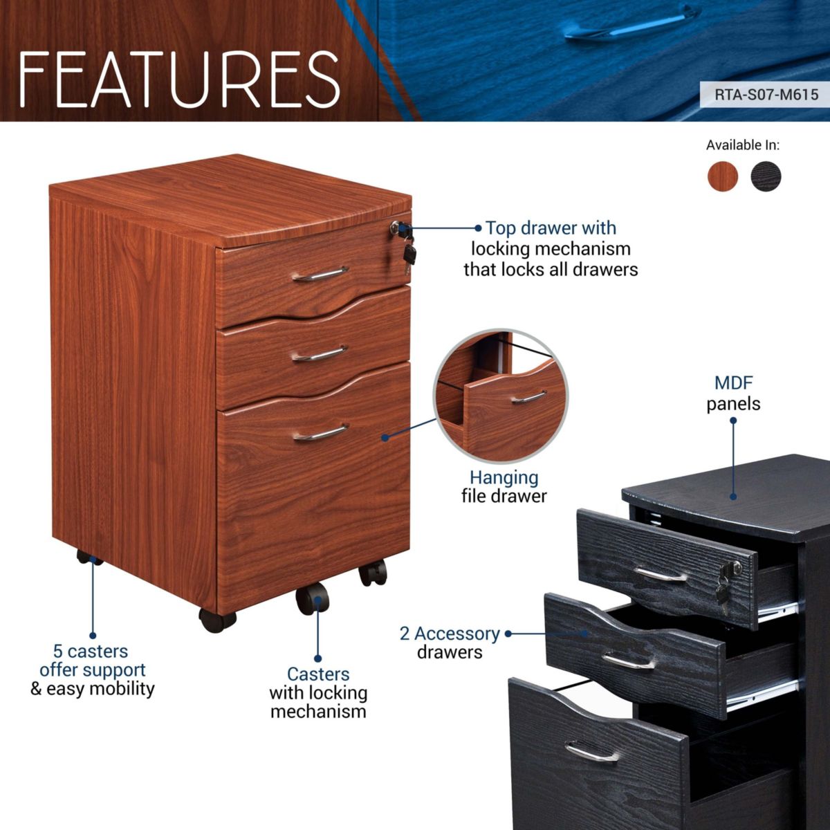 Techni Mobili Rolling Storage and File Cabinet, Espresso