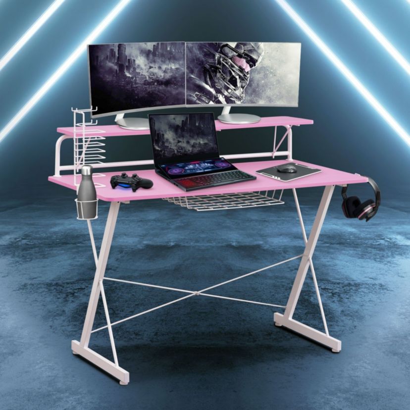 Techni Sport TS-200 Carbon Computer Gaming Desk with Shelving, Pink