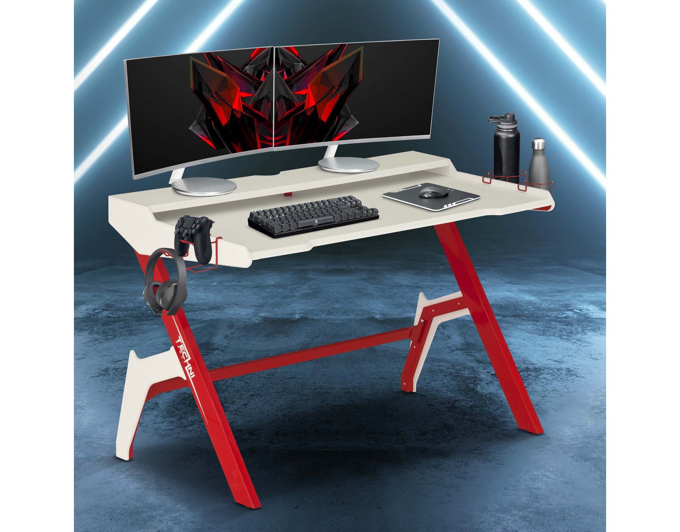 Techni Sport Ergonomic Computer Gaming  Desk Workstation with Cupholder & Headphone Hook, Red