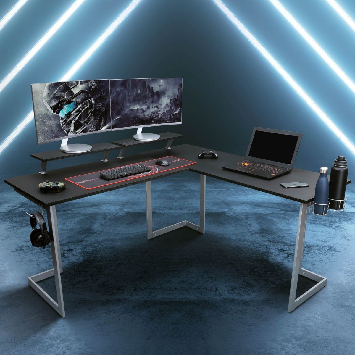 Techni Sport Warrior L-Shaped Gaming Desk, Black