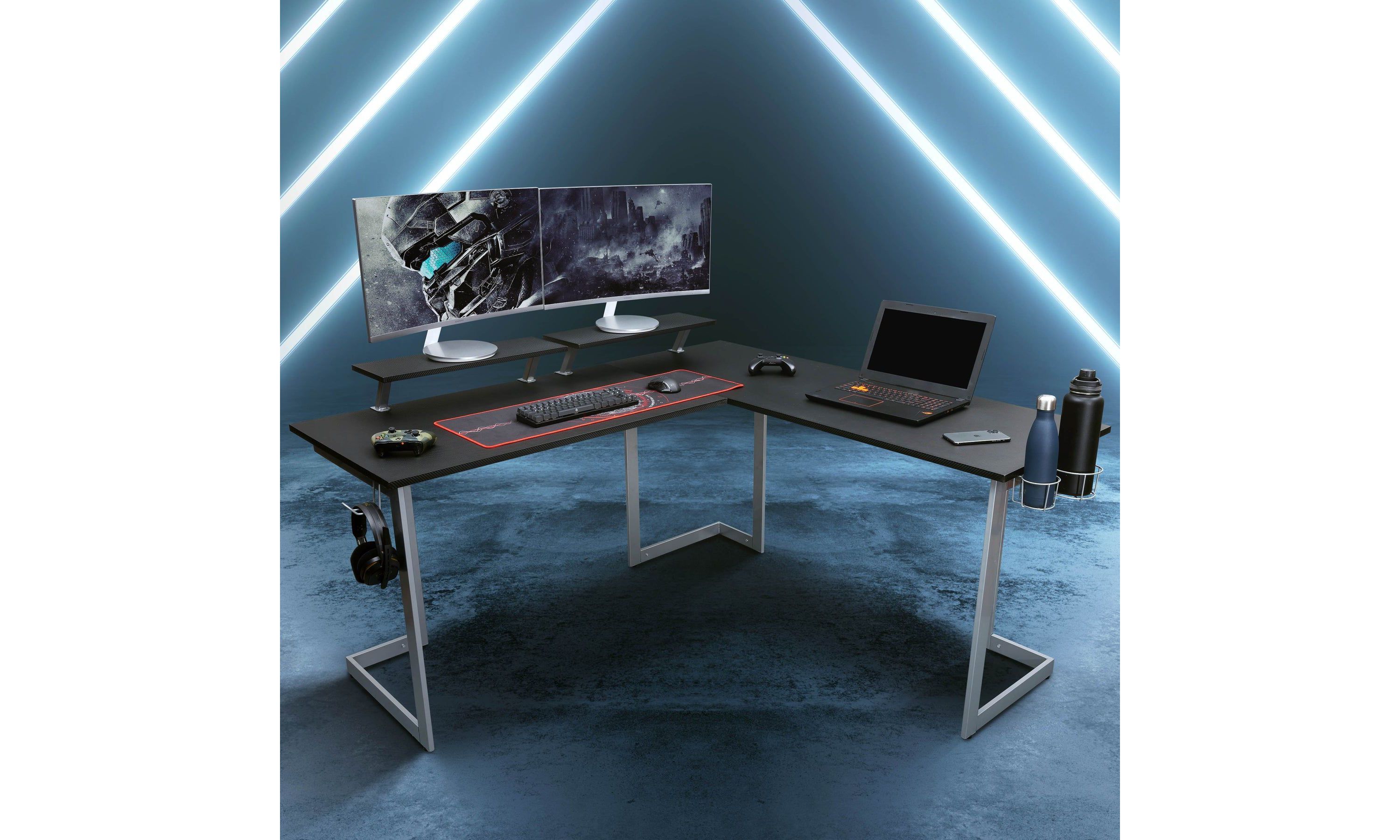 Techni Sport Warrior L-Shaped Gaming Desk, Black