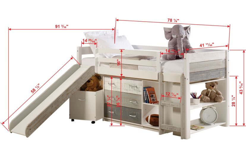 Twin Panel Low Loft Set With Slide & Case Pieces