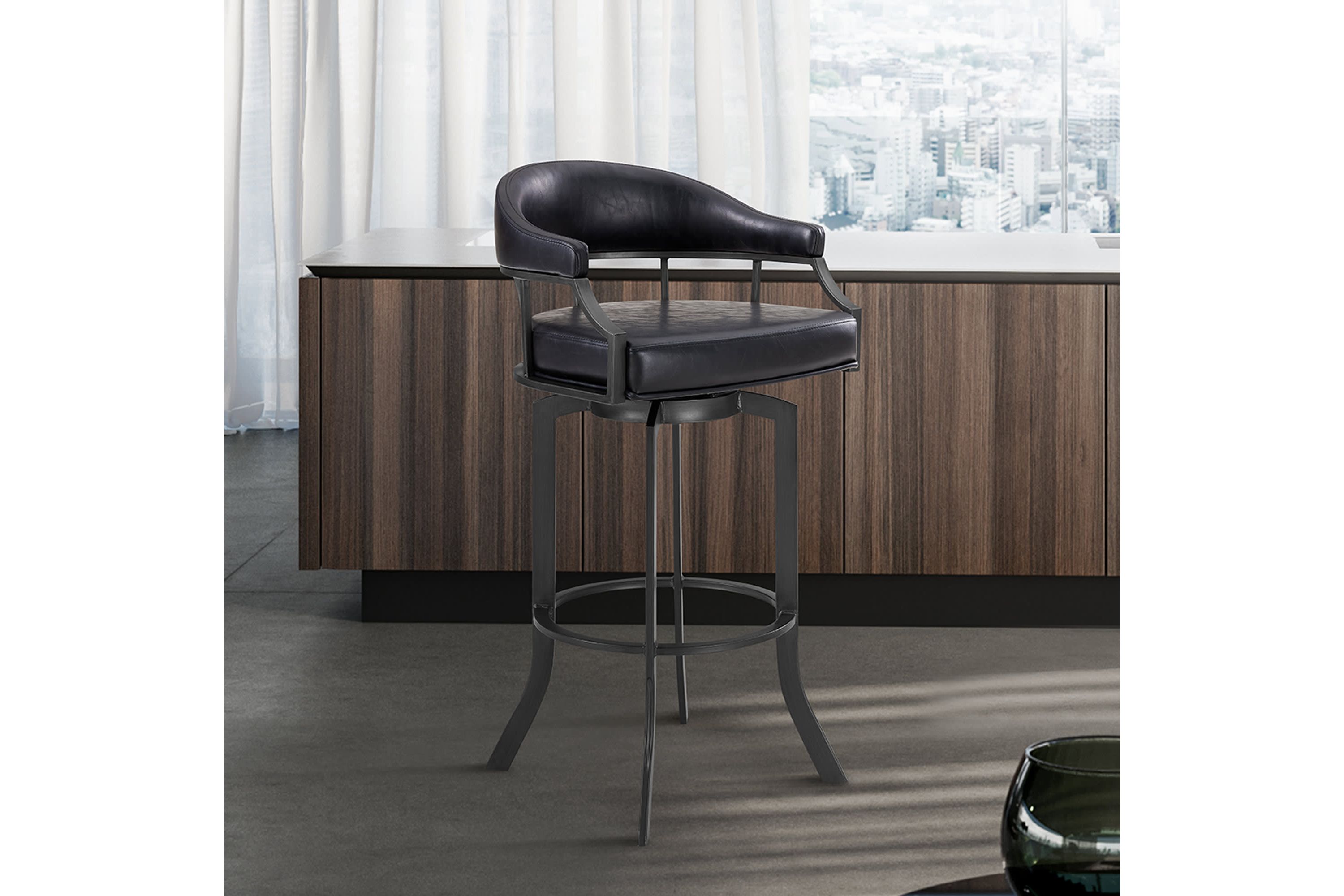 Pharaoh Swivel 30" Mineral Finish and Black Faux Leather Bar Stool