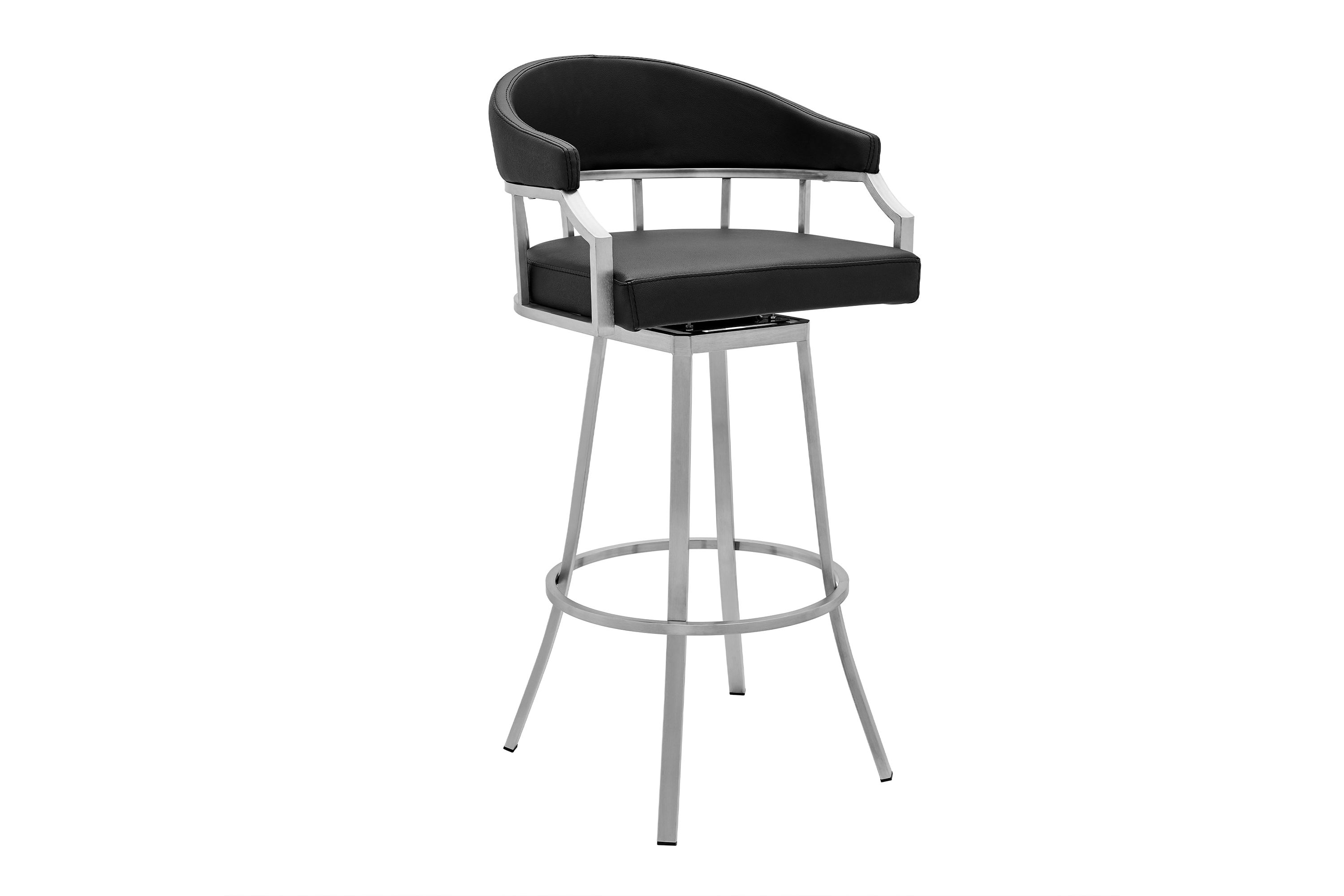 Palmdale Swivel Modern Black Faux Leather 26" Barstool in Brushed Stainless Steel Finish