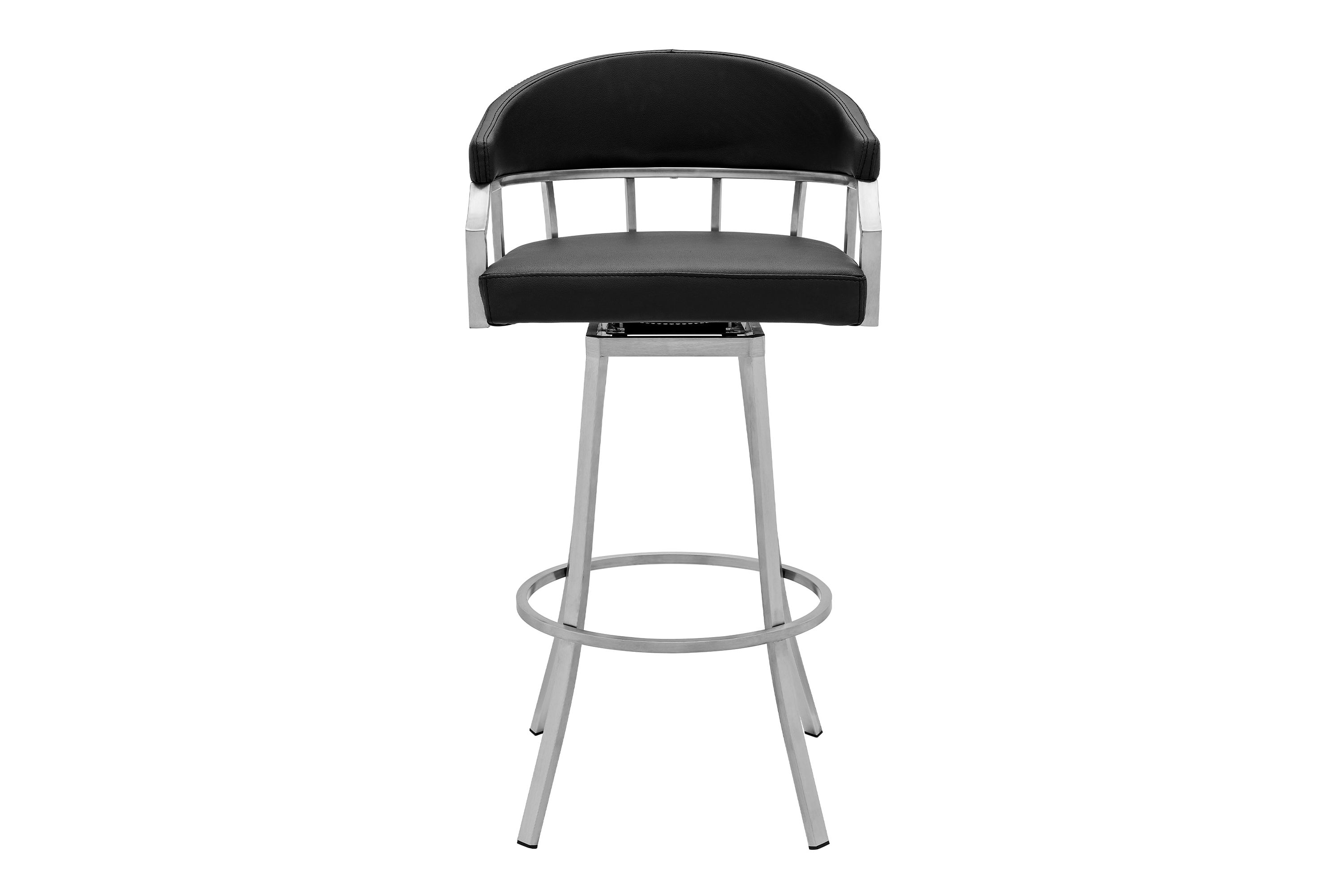 Palmdale Swivel Modern Black Faux Leather 26" Barstool in Brushed Stainless Steel Finish