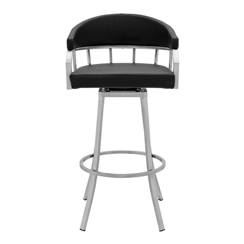 Palmdale Swivel Modern Black Faux Leather 26" Barstool in Brushed Stainless Steel Finish