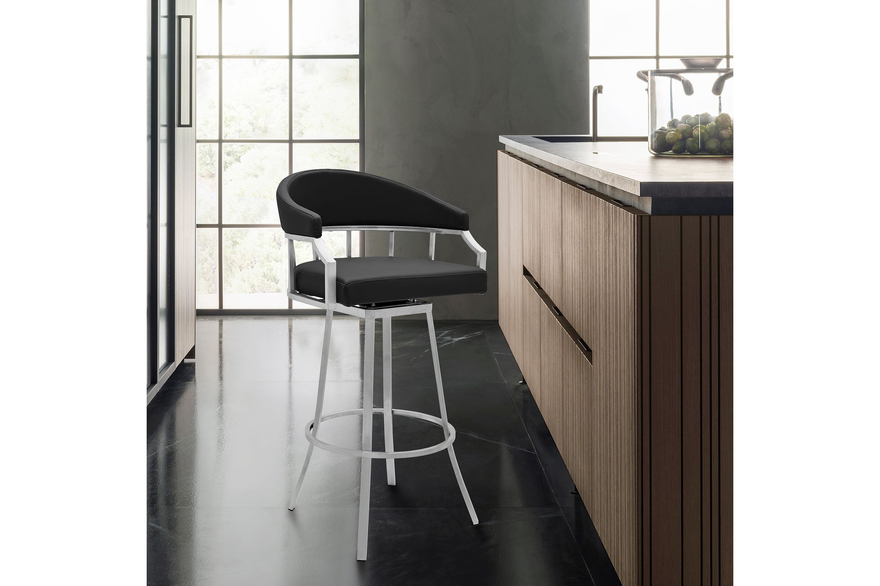 Palmdale Swivel Modern Black Faux Leather 26" Barstool in Brushed Stainless Steel Finish