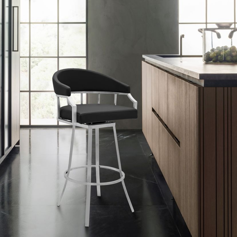 Palmdale Swivel Modern Black Faux Leather 26" Barstool in Brushed Stainless Steel Finish