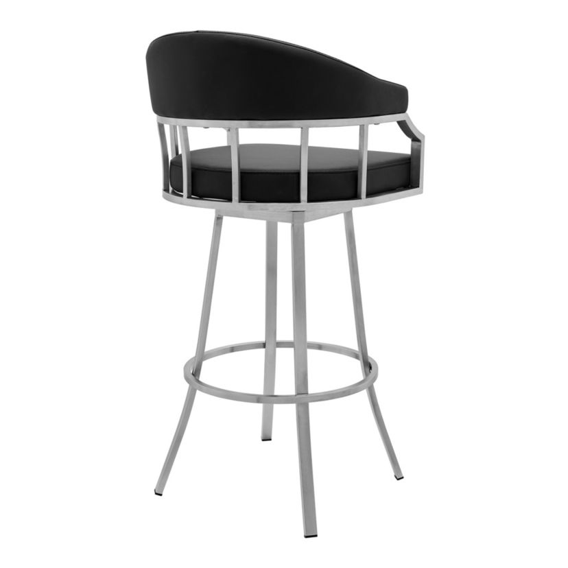 Palmdale Swivel Modern Black Faux Leather 26" Barstool in Brushed Stainless Steel Finish