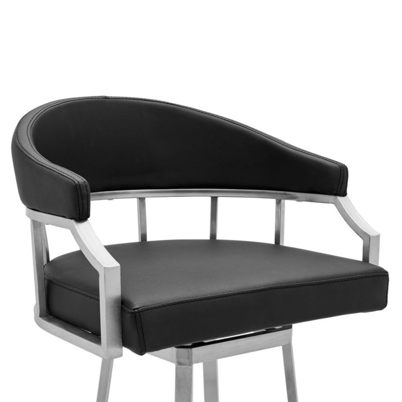 Palmdale Swivel Modern Black Faux Leather 26" Barstool in Brushed Stainless Steel Finish