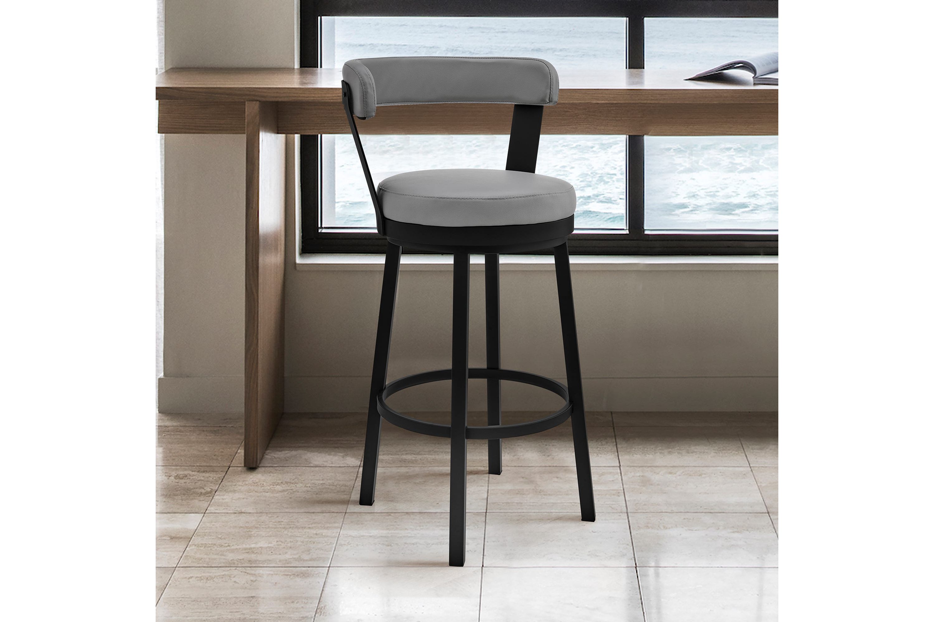 Kobe 30" Bar Height Swivel Bar Stool in Black Finish and Gray Faux Leather