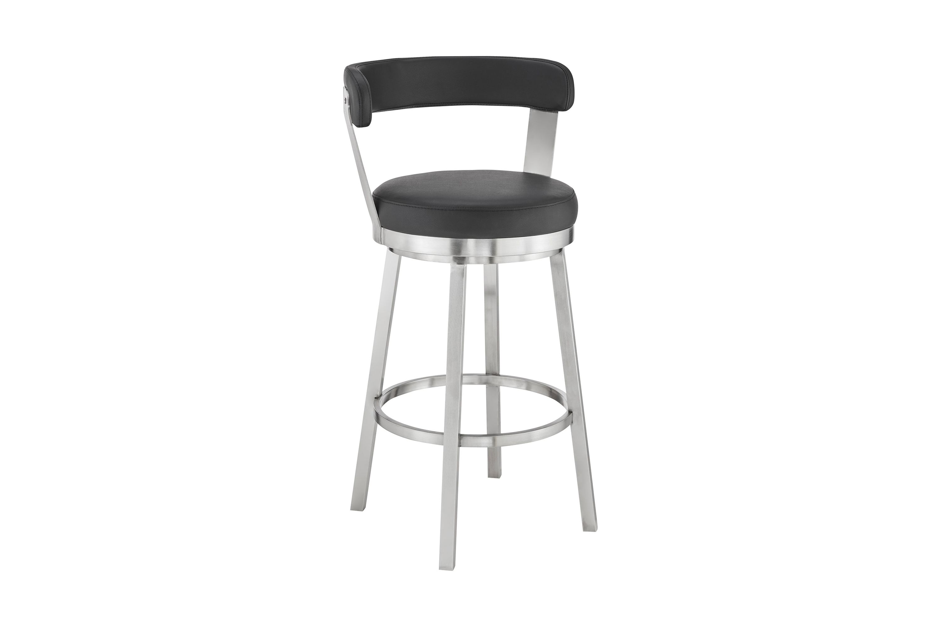 Kobe 30" Bar Height Swivel Bar Stool in Brushed Stainless Steel Finish and Black Faux Leather