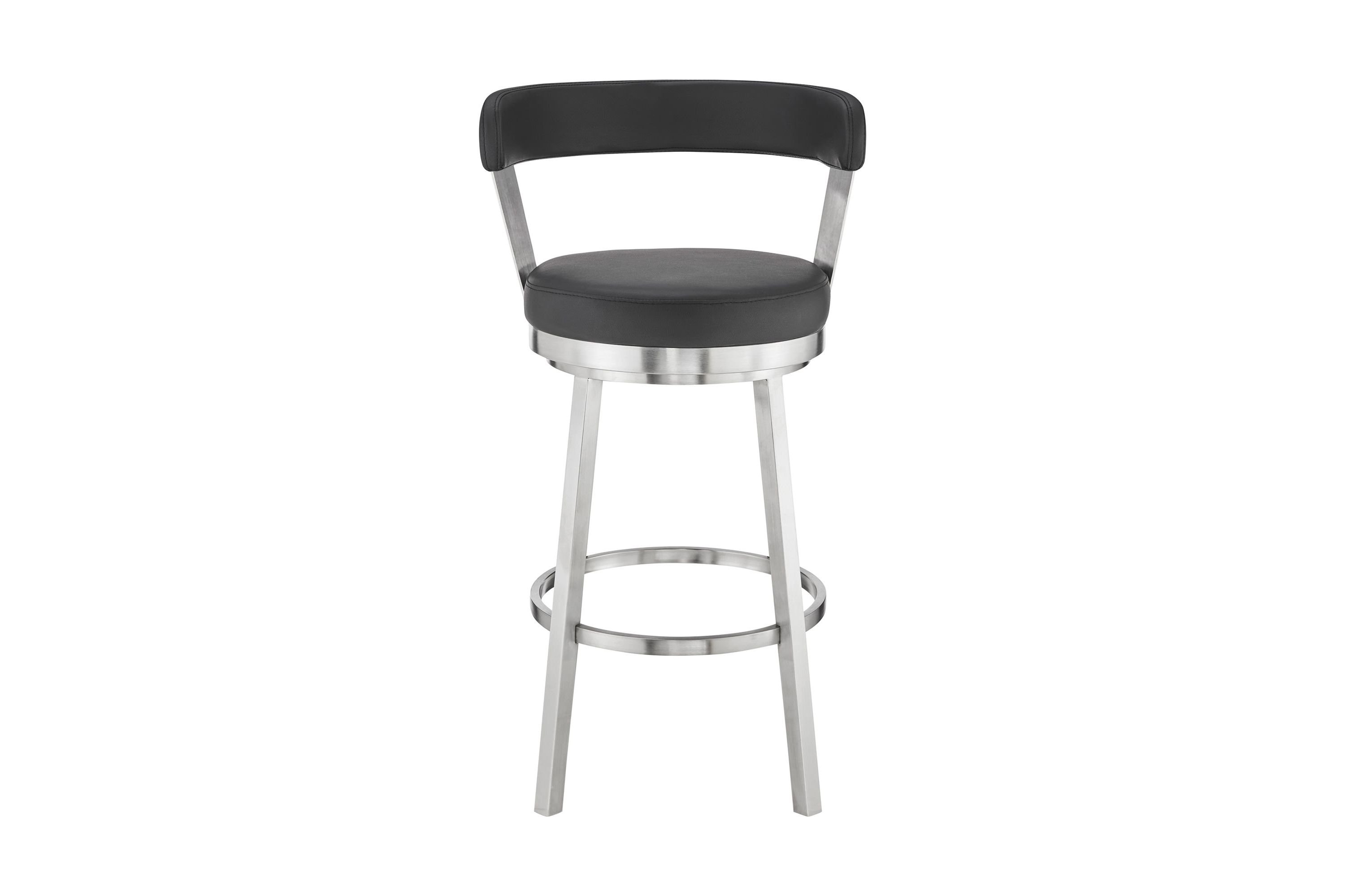 Kobe 30" Bar Height Swivel Bar Stool in Brushed Stainless Steel Finish and Black Faux Leather