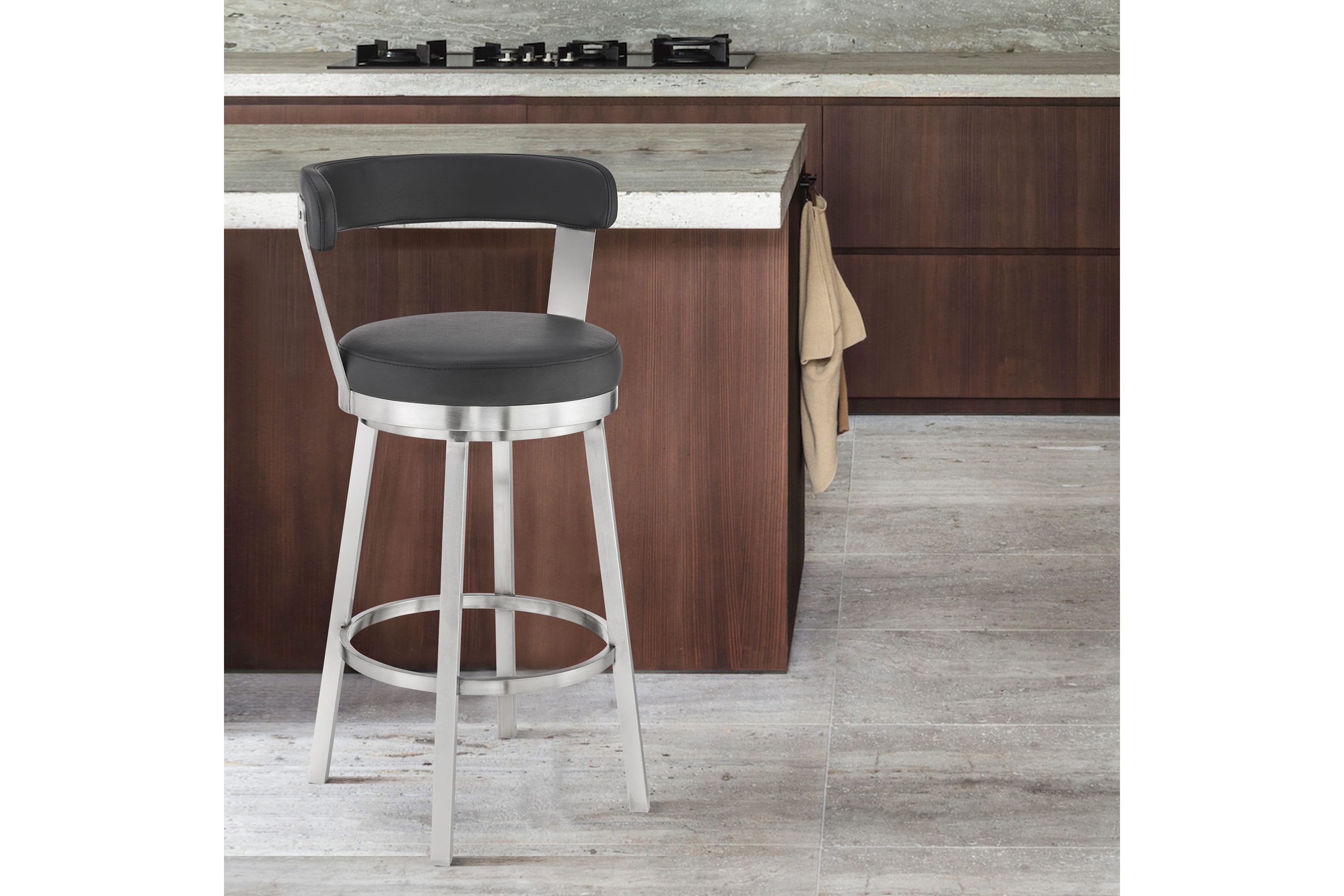Kobe 30" Bar Height Swivel Bar Stool in Brushed Stainless Steel Finish and Black Faux Leather