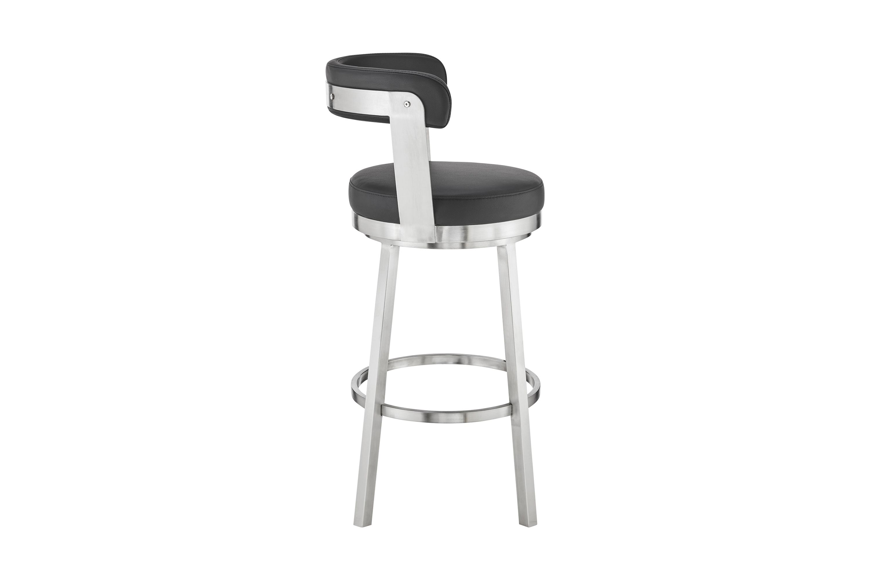 Kobe 30" Bar Height Swivel Bar Stool in Brushed Stainless Steel Finish and Black Faux Leather