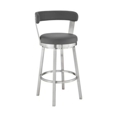 Armen Living Kobe 26" Counter Height Swivel Bar Stool in Brushed Stainless Steel Finish and Gray Faux Leather