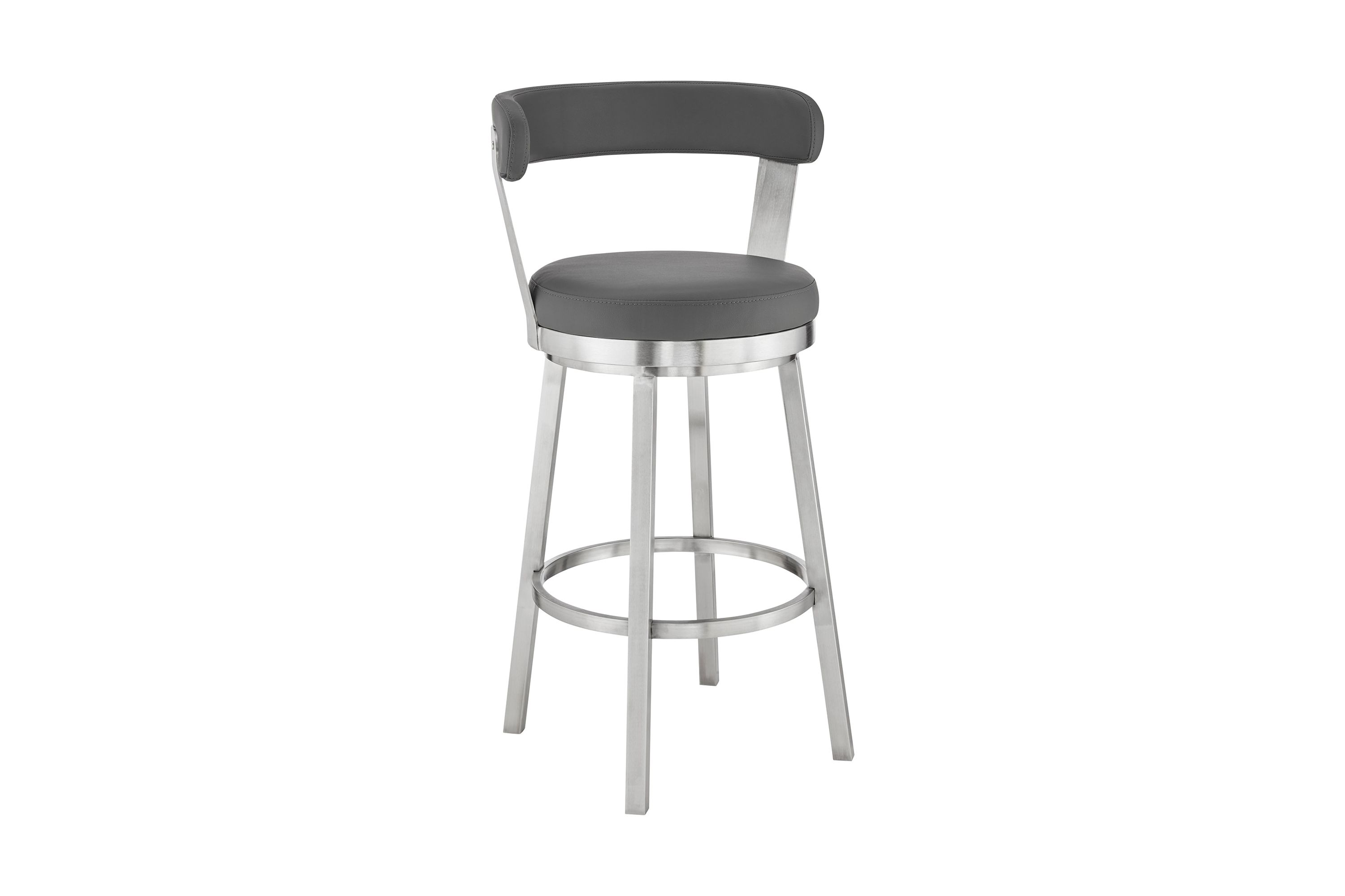 Kobe 26" Counter Height Swivel Bar Stool in Brushed Stainless Steel Finish and Gray Faux Leather