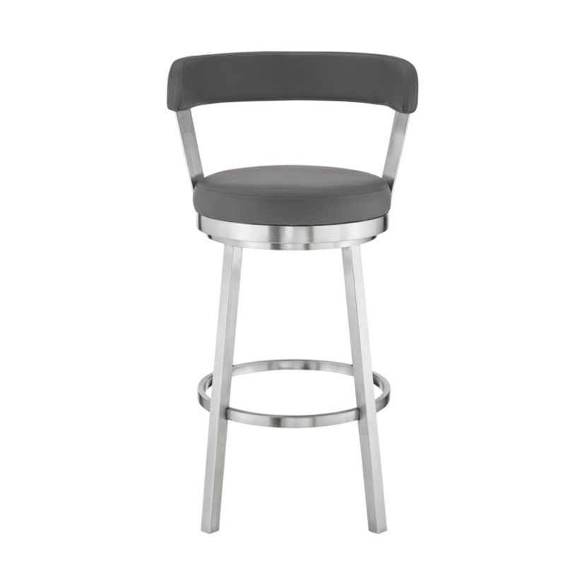 Kobe 26" Counter Height Swivel Bar Stool in Brushed Stainless Steel Finish and Gray Faux Leather