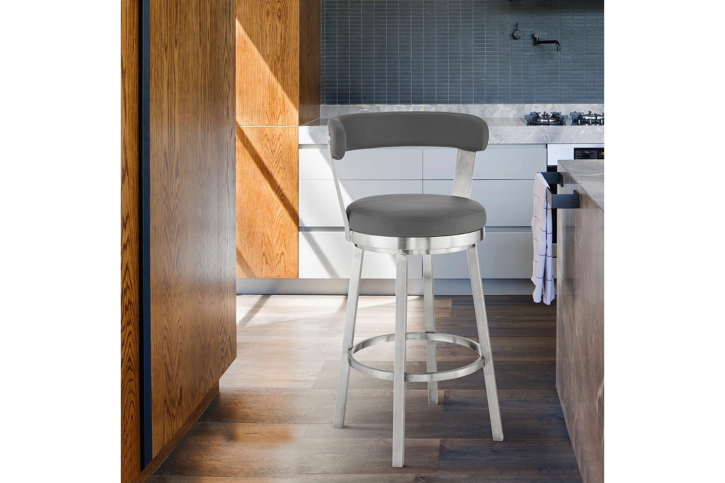 Kobe 26" Counter Height Swivel Bar Stool in Brushed Stainless Steel Finish and Gray Faux Leather