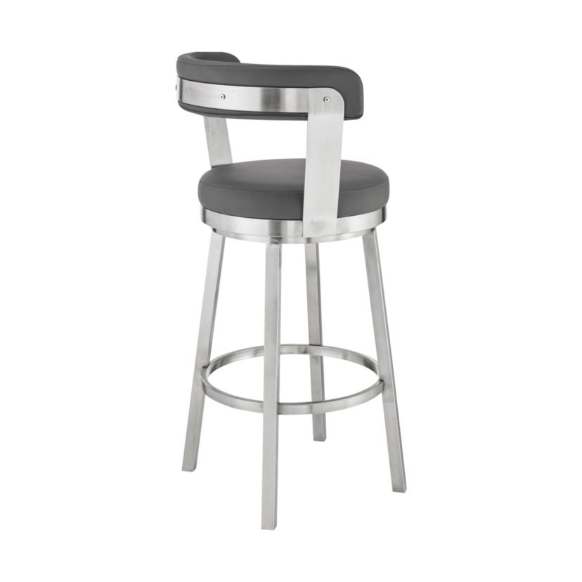 Kobe 26" Counter Height Swivel Bar Stool in Brushed Stainless Steel Finish and Gray Faux Leather
