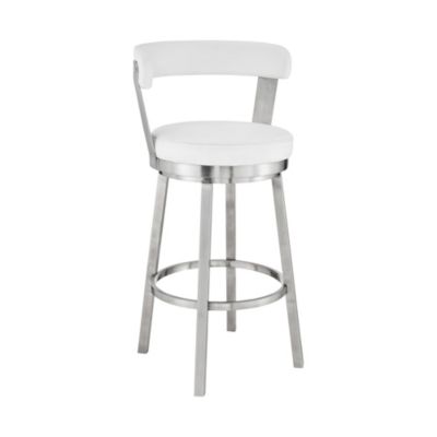 Armen Living Kobe 26" Counter Height Swivel Bar Stool in Brushed Stainless Steel Finish and White Faux Leather