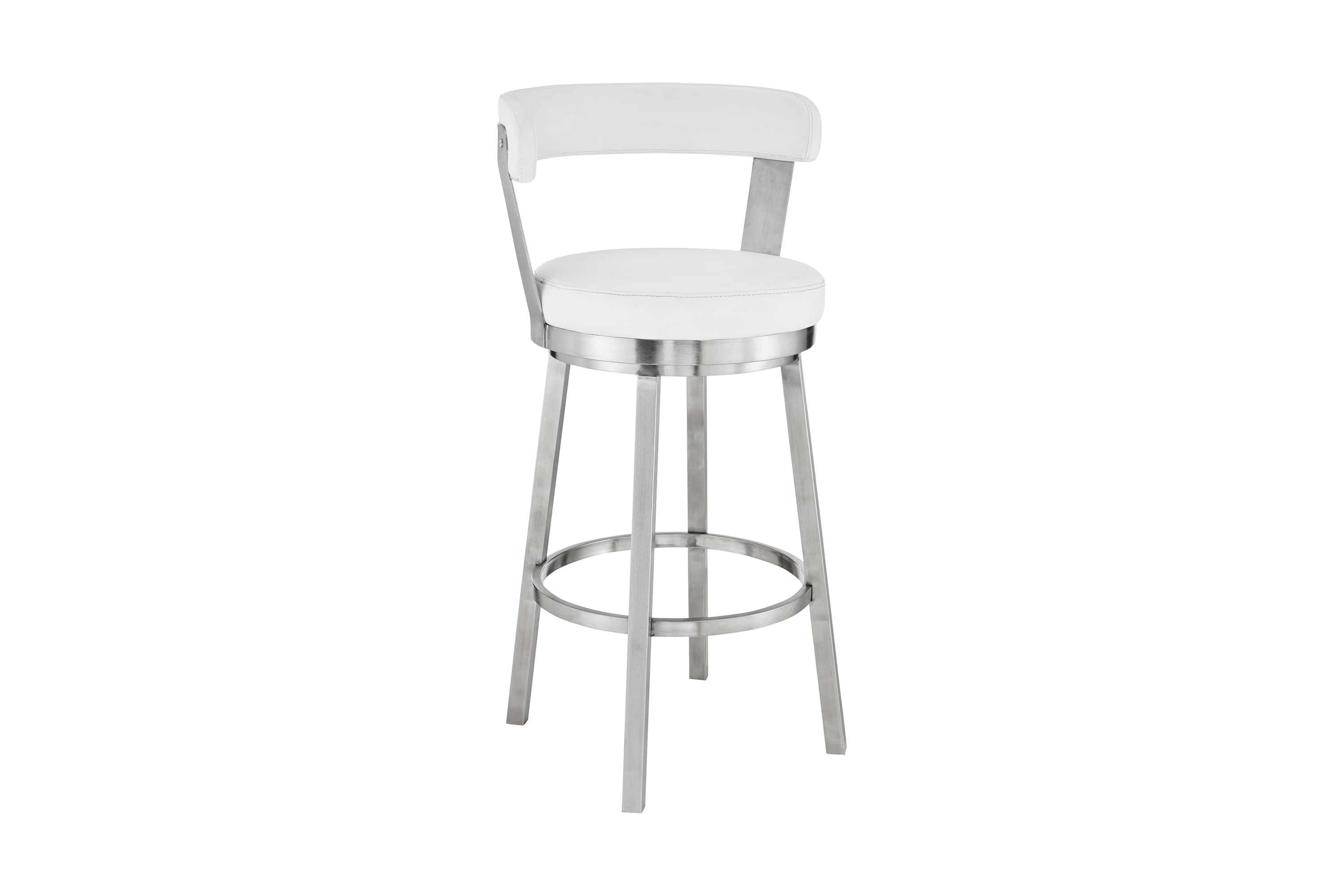 Kobe 26" Counter Height Swivel Bar Stool in Brushed Stainless Steel Finish and White Faux Leather