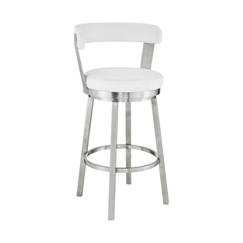 Kobe 26" Counter Height Swivel Bar Stool in Brushed Stainless Steel Finish and White Faux Leather