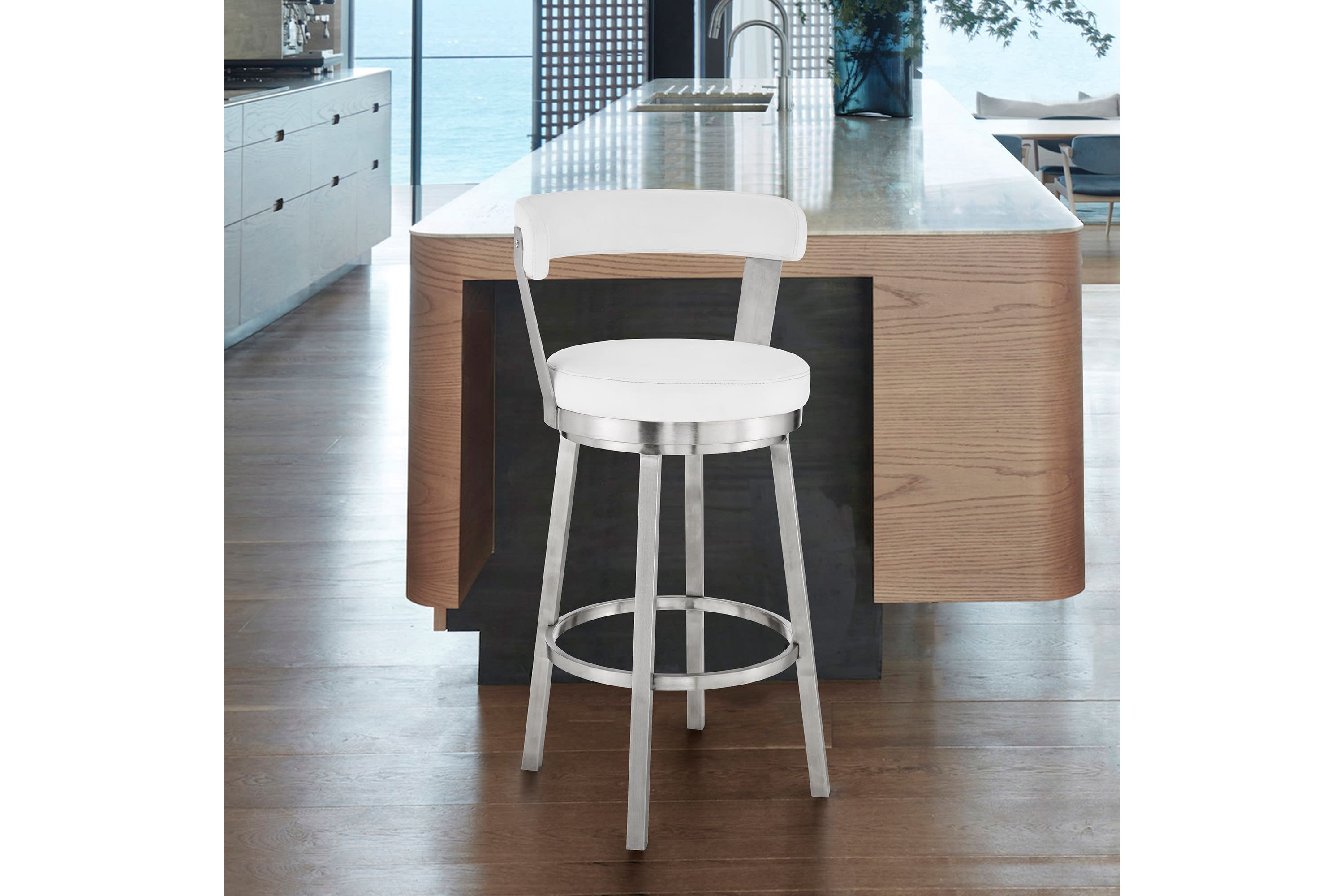 Kobe 26" Counter Height Swivel Bar Stool in Brushed Stainless Steel Finish and White Faux Leather
