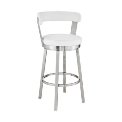 Armen Living Kobe 30" Bar Height Swivel Bar Stool in Brushed Stainless Steel Finish and White Faux Leather