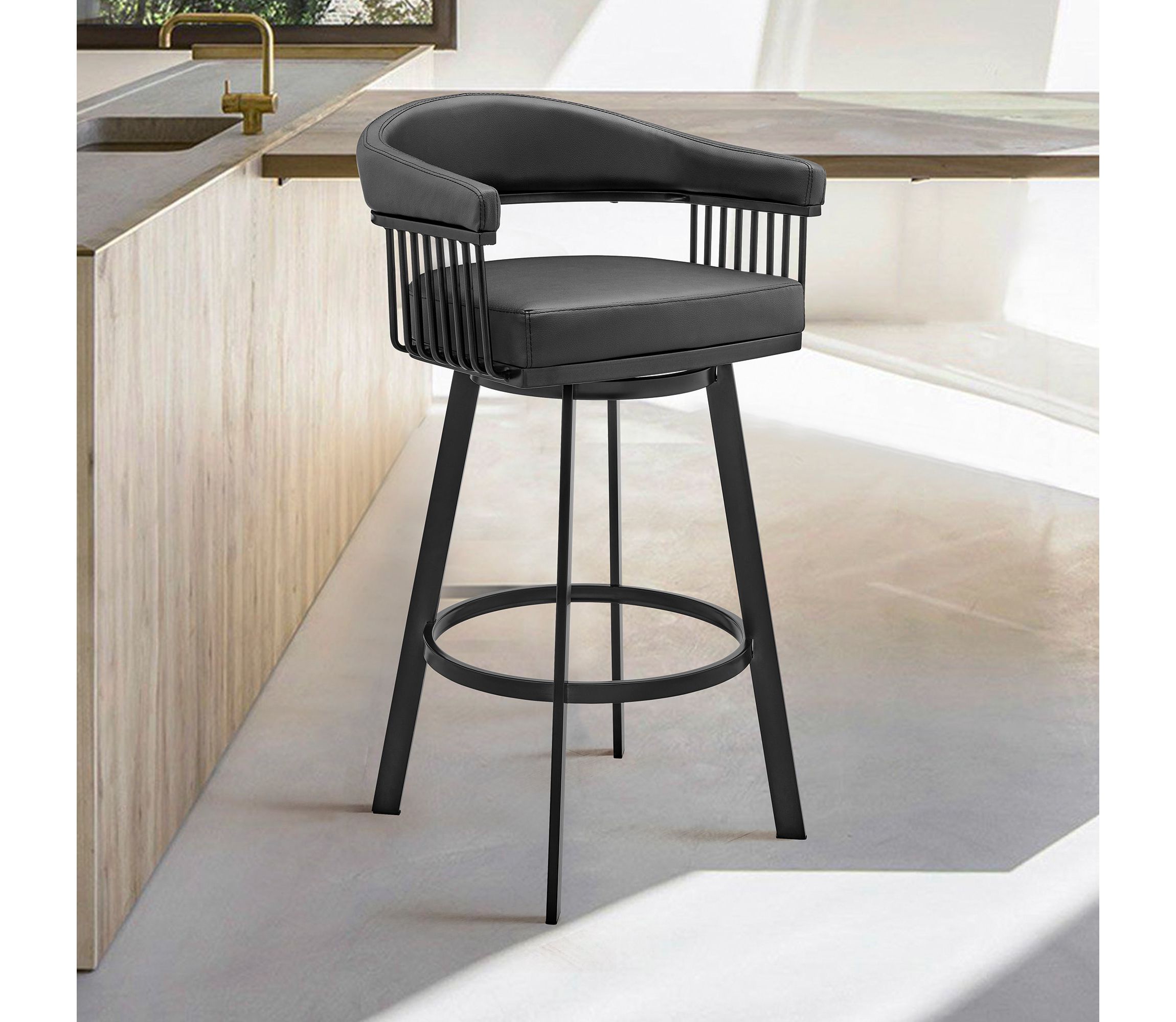 Bronson 25" Counter Height Swivel Bar Stool in Black Finish and Black Faux Leather